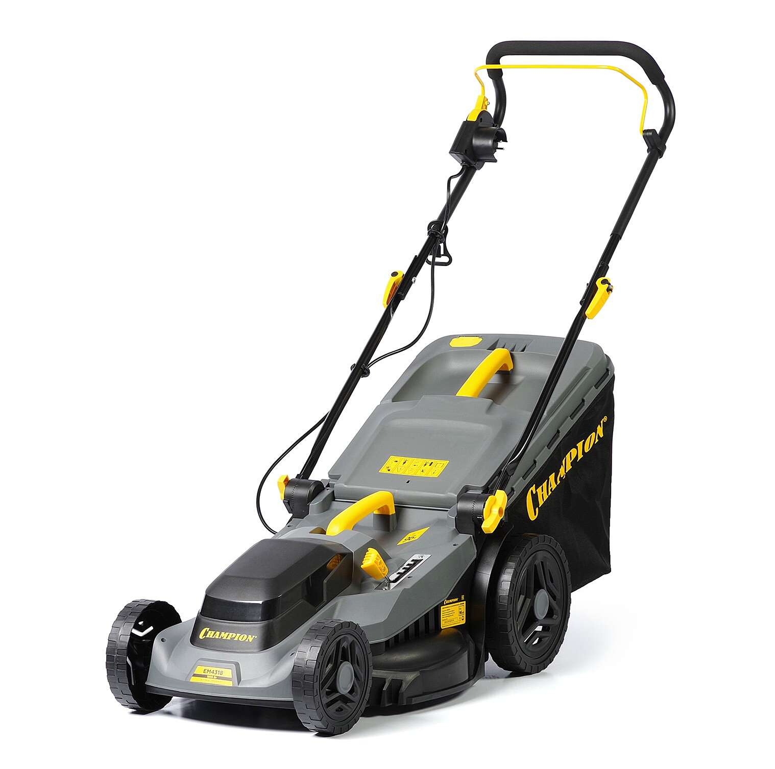 Газонокосилка эл. CHAMPION EM4318 (1,8 кВт пласт.+ткань травосб. 52л ширина 430мм 30-75мм, 12,9кг), , шт								